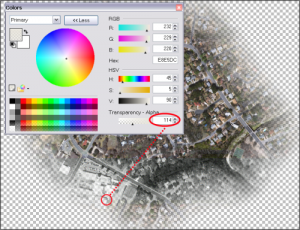 This 32-bit RGBA PNG has been transformed to have an alpha band so it can represent transparency. This type of “feathering” can be useful when mosaicking.