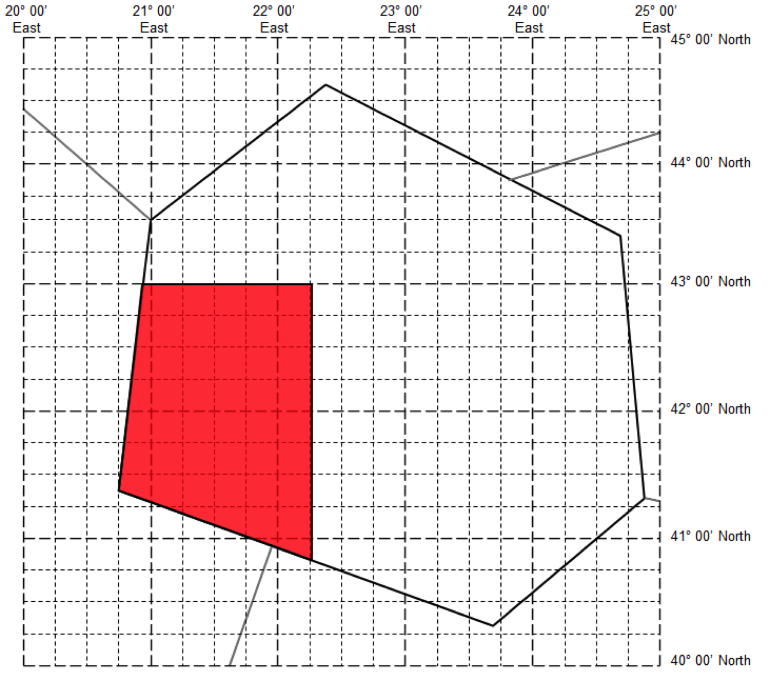 A polygon defined by one line of latitude and one of longitude, clipped to the administrative boundary (FIR).