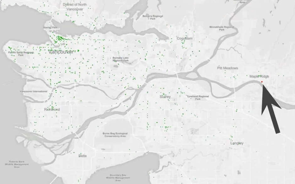 The above JSON from the TransLink API converted to point geometries and seen on a map.